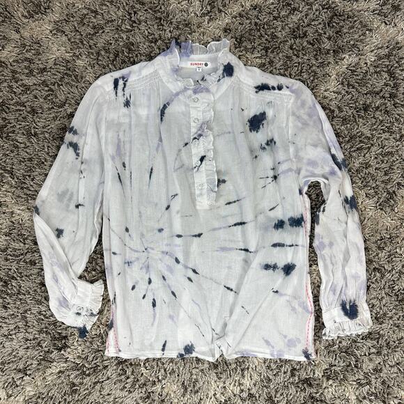 Sundry Tie Dye Ruffle Button Popover Top Shirt Blouse Tissue Crepe 0 XS - Picture 1 of 10
